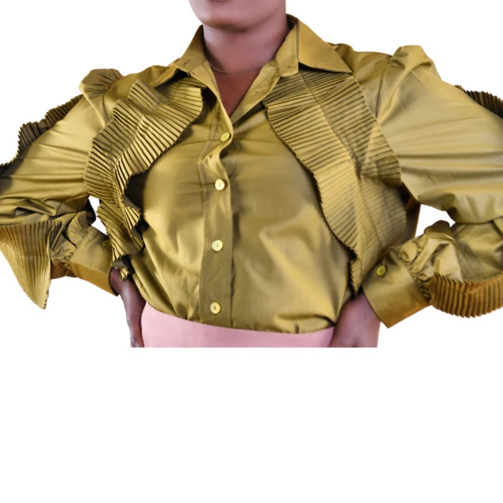 Pleated Detail Olive Green Button-Down Shirt - Picture 5 of 11